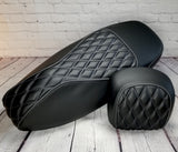 Vespa GTS black diamond seat cover with gray stitching