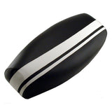 Black Genuine Stella seat cover with hand-sewn dual white racing stripes, handmade by Cheeky Seats