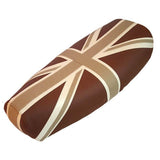 Earthtone Genuine Stella seat cover with a cinnamon, café, and cream Union Jack, handmade by Cheeky Seats