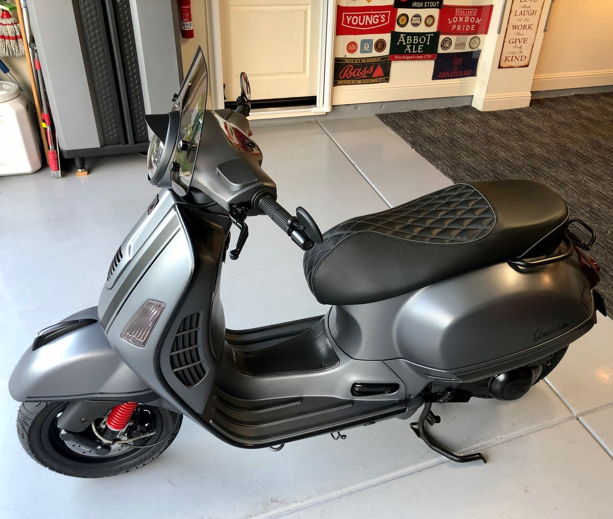 Vespa GTS black diamond seat cover on scooter
