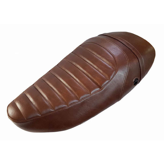 Whiskey-brown Vespa S padded tuck-and-roll seat cover with matching strap, handmade by Cheeky Seats