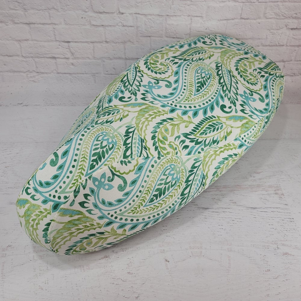 Green and Blue Paisley seat cover for Vespa Sprint and Primavera, with a lively botanical paisley design, handmade by Cheeky Seats.